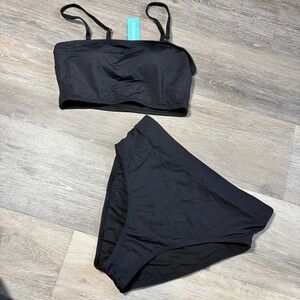 Yonique Black Bandeau Bikini Set High Waisted High Leg Swimsuit Small NWT